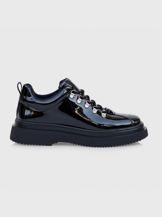 Apollo Moda Men's Atlas Eclipse patent all-black sneaker with hiking eyelets, main product photo