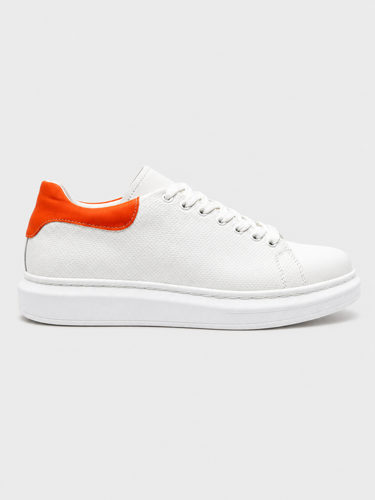 Apollo Moda Men's Pluto Ember white leather casual sneaker with orange contrast heel, main product photo