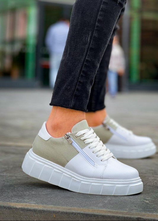 Men's Altair Sandstone by Apollo Moda, two-tone white and beige sneaker with side zipper, second angle