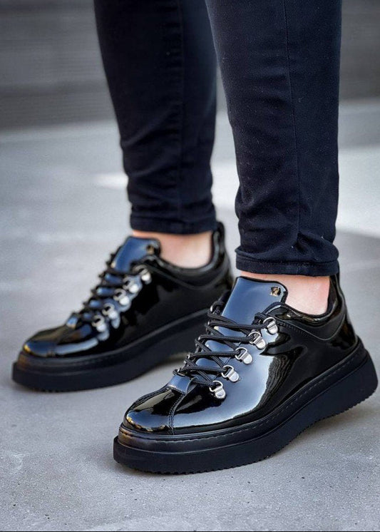 Men's Atlas Eclipse by Apollo Moda, glossy black sneaker with black sole, second angle