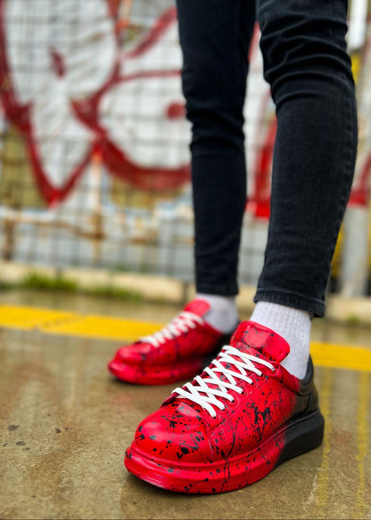 Men's Color Wave Bold Contrast by Apollo Moda, hand-painted red and black splatter sneaker, second angle