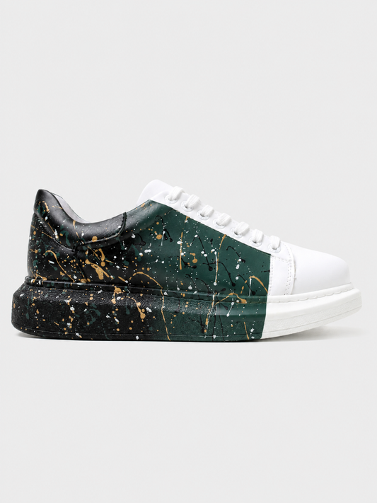 Apollo Moda Men's Urban Pulse Rhythm Shift hand-painted green and black splatter sneaker, main product photo